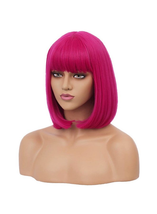 RightOn 12 Inches Hot Pink Wig Short Bob Wig Hot Pink Short Straight Wig Bob Wig With Bangs Synthetic Bob Wigs For Daily Or Party Wig Cap Include - Image 4