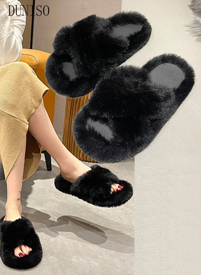 DUNISO Breathable and Comfortable House Slippers for Women Indoor and Outdoor Soft Plush Womens Fluffy Furry Open Toe House Shoes Slippers with Anti-Skid Sole - Image 1