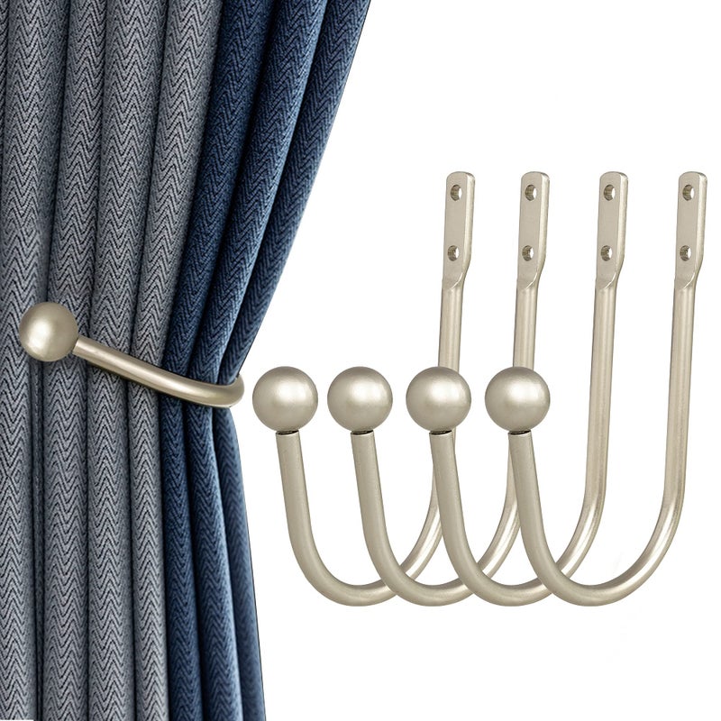 HEMOUR Curtain Holdback 4 Pcs Wall Mounted Drapery Tiebacks With Screws Heavy Duty Metal Decorative Window Drapery Holder Curtain Hook Silver - Image 1