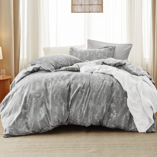 Bedsure King Comforter Set - Grey Bed Set, 3 Pieces Cute Floral Bedding, 1 Soft Reversible Botanical Flowers Comforter and 2 Pillow Shams - Image 1