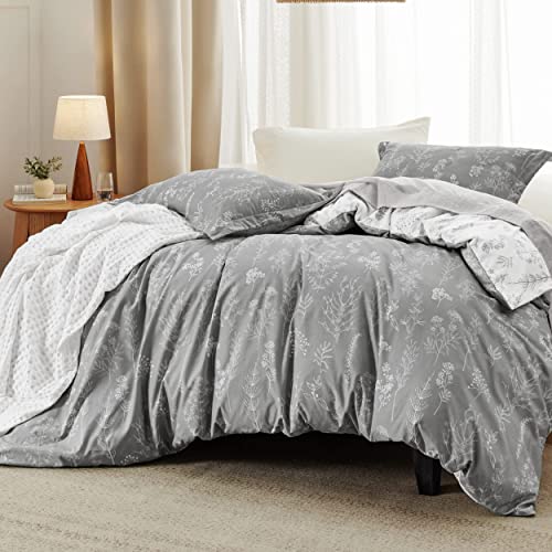 Bedsure King Comforter Set - Grey Bed Set, 3 Pieces Cute Floral Bedding, 1 Soft Reversible Botanical Flowers Comforter and 2 Pillow Shams - Image 2