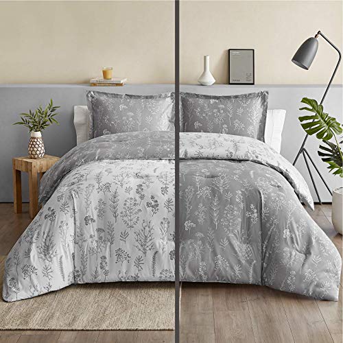 Bedsure King Comforter Set - Grey Bed Set, 3 Pieces Cute Floral Bedding, 1 Soft Reversible Botanical Flowers Comforter and 2 Pillow Shams - Image 3