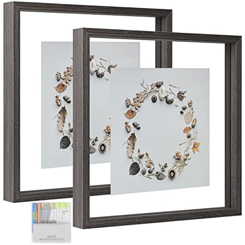 MUYE Square 12x12 Floating Frame in Gray,Double Glass Picture Frame for Wall Mount or Tabletop Standing with Hanging Hardware Included,Display Photo up to 12x12,2 Pack - Image 1