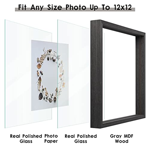 MUYE Square 12x12 Floating Frame in Gray,Double Glass Picture Frame for Wall Mount or Tabletop Standing with Hanging Hardware Included,Display Photo up to 12x12,2 Pack - Image 5
