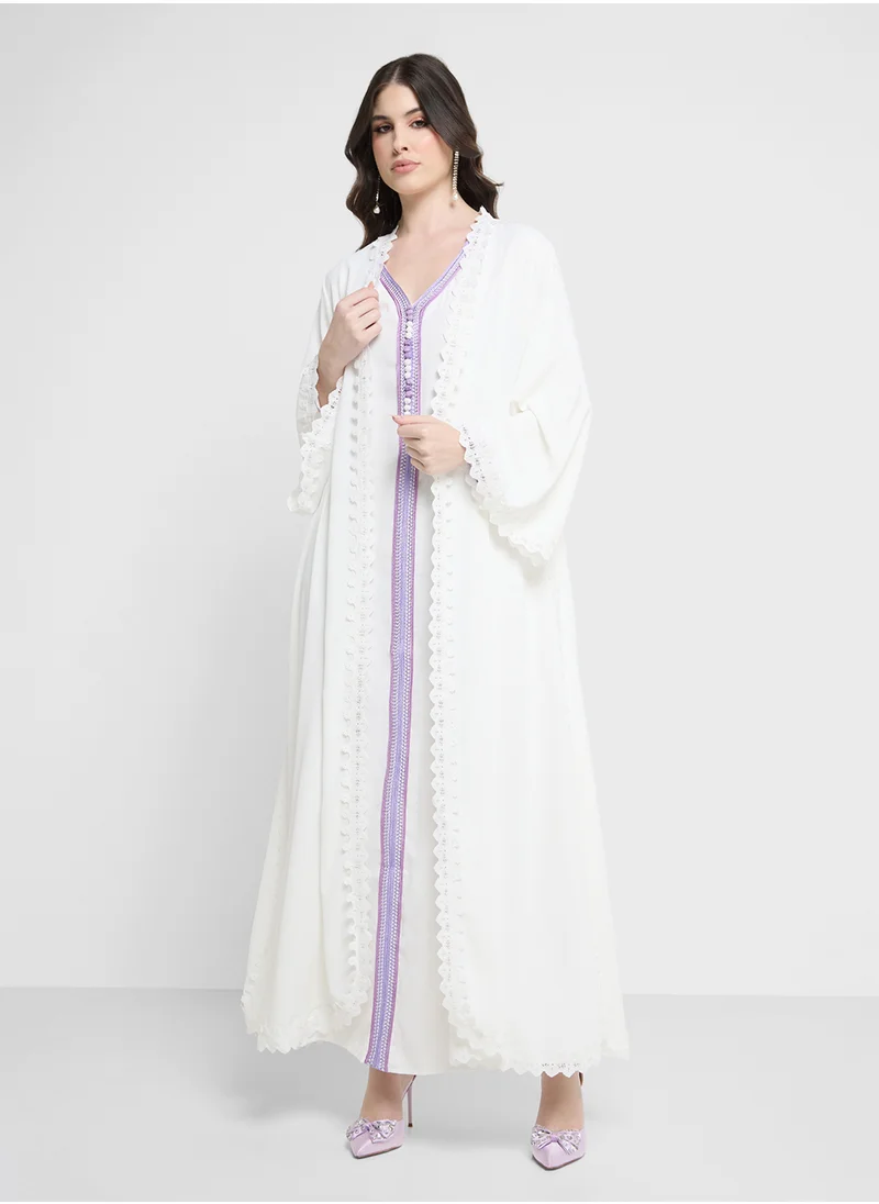 Khizana Open Abaya With Lace Trim Details