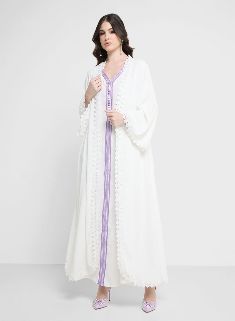 Khizana Open Abaya With Lace Trim Details  - Image 1