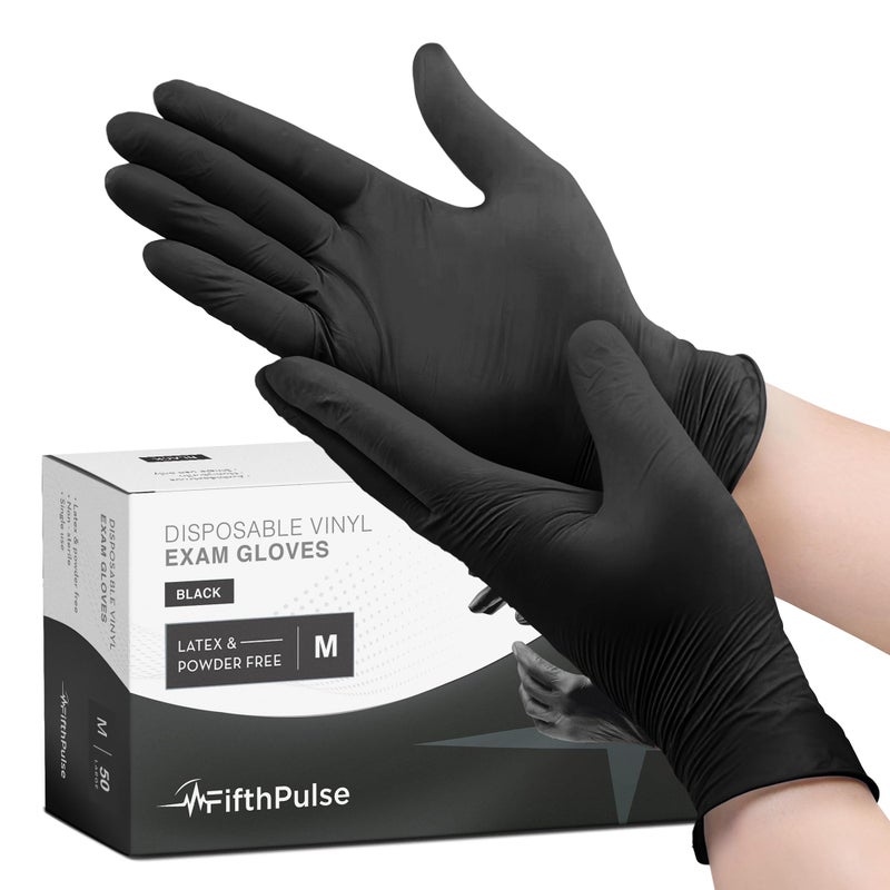 FifthPulse Black Vinyl Disposable Gloves Medium 50 Pack - Latex Free, Powder Free Medical Exam, Surgical, Home, Food Gloves - 3 Mil Thickness - Image 1
