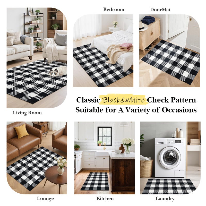 SofterCharm Area Rug, 3â€™ x 5â€™ Black and White Checkered Rug Plaid Outdoor Rugs, Soft Machine Washable Cotton Woven Welcome Mat Area Rugs for Living Room, Bedroom, Doormat, Balcony, Porch, Patio - Image 5