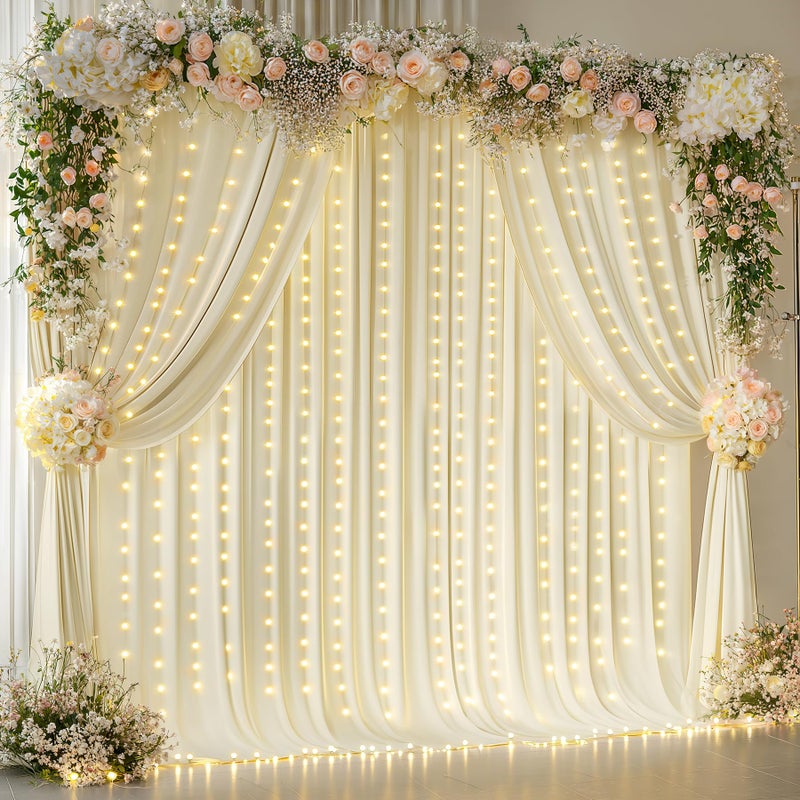 Shillance 10x10ft Beige Backdrop Curtains with Lights Wrinkle Free Fabric Backdrop Curtain for Wedding Birthday Party Baby Shower Photo Shoot Bridal Shower Home Party Background Decorations - Image 1