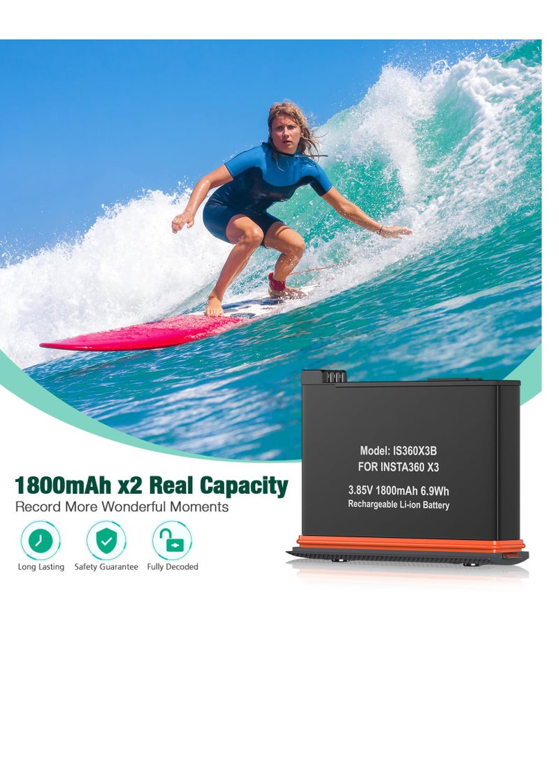 SOLARAE عبوتان بديلتان لبطارية إنستا 360 x3 سعة 1800mAh وشاحن سريع مزدوج USB متوافق مع كاميرا إنستا360 X3 عالية السعة (متوافق تمامًا مع الأصلي) - Image 2