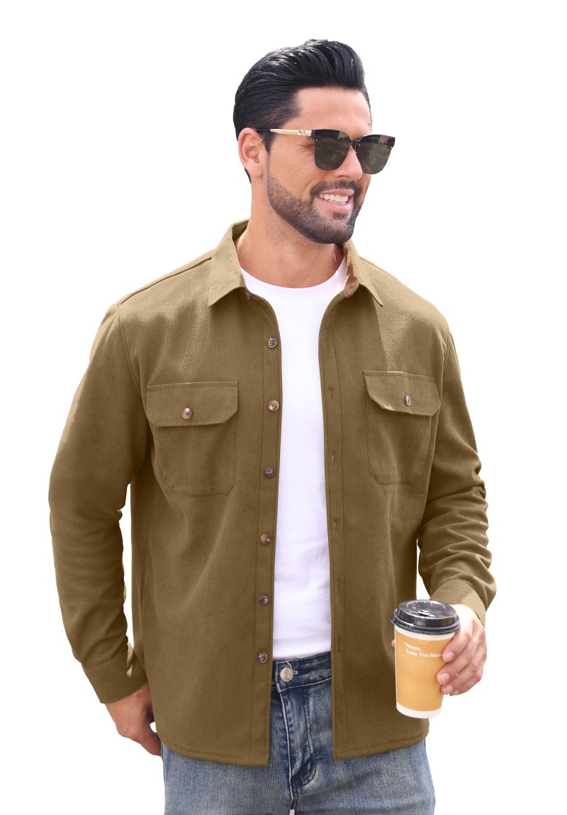 Askdeer Men's Casual Shirts Fleece Corduroy Button Down Shirts Chunky Warm Long Sleeve Jacket with Flap Pockets Light Brown - Image 5