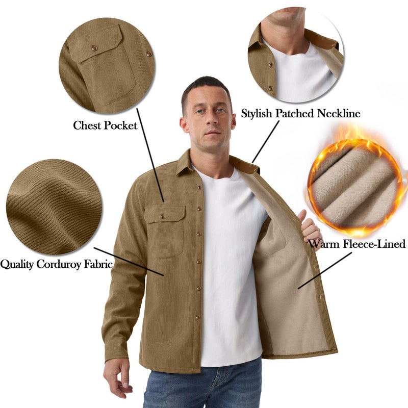 Askdeer Men's Casual Shirts Fleece Corduroy Button Down Shirts Chunky Warm Long Sleeve Jacket with Flap Pockets Light Brown - Image 4