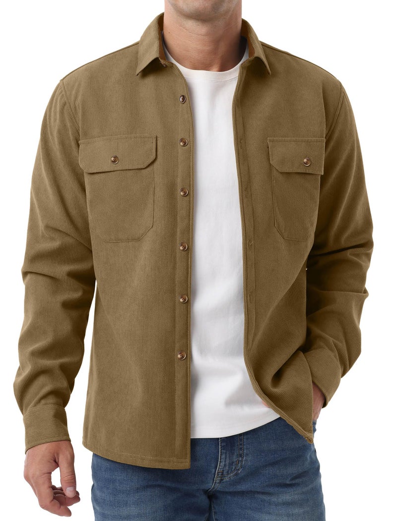 Askdeer Men's Casual Shirts Fleece Corduroy Button Down Shirts Chunky Warm Long Sleeve Jacket with Flap Pockets Light Brown - Image 1