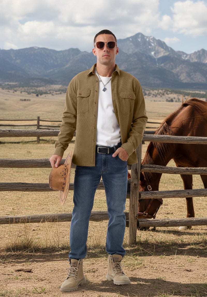 Askdeer Men's Casual Shirts Fleece Corduroy Button Down Shirts Chunky Warm Long Sleeve Jacket with Flap Pockets Light Brown - Image 2
