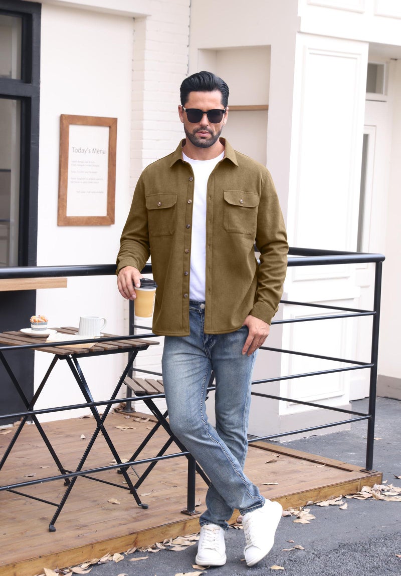 Askdeer Men's Casual Shirts Fleece Corduroy Button Down Shirts Chunky Warm Long Sleeve Jacket with Flap Pockets Light Brown - Image 3