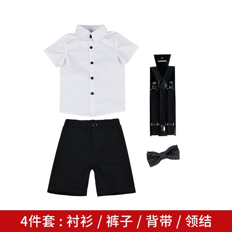 Children'S Suit 2024 Boys' Striped Short-Sleeved Suspender Pants Two-Piece Baby Chorus Host Dress - Image 1