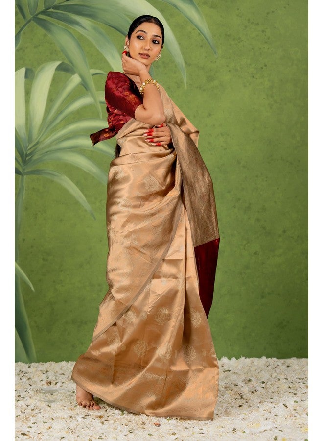 Subham Women's Silk Cotton Banarasi Soft Saree with Blouse Piece | Jacquard Design Kanjivaram Sarees | Golden Zari (46016 - Beige, Maroon, Copper) - Image 2