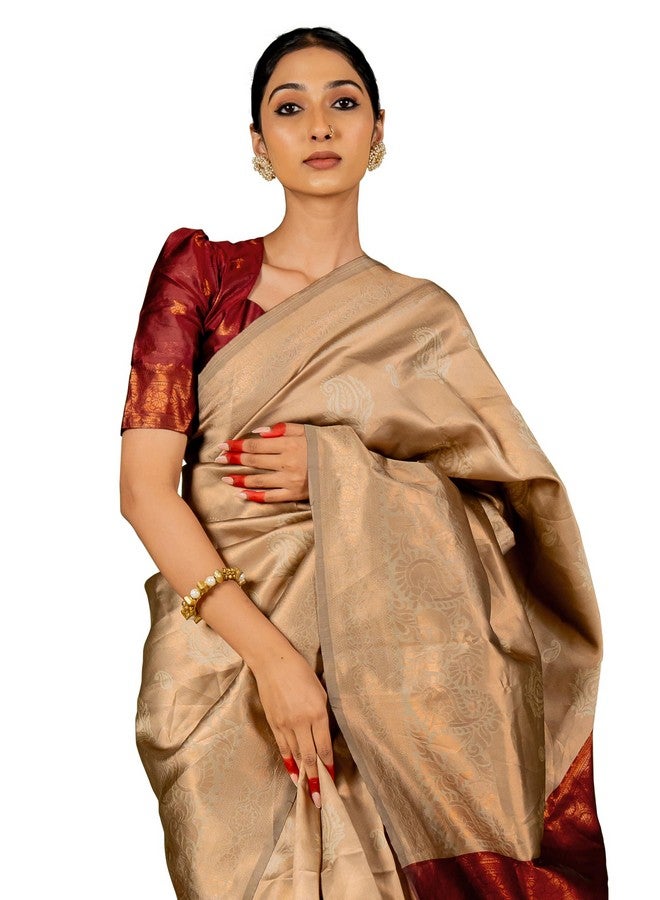Subham Women's Silk Cotton Banarasi Soft Saree with Blouse Piece | Jacquard Design Kanjivaram Sarees | Golden Zari (46016 - Beige, Maroon, Copper) - Image 1