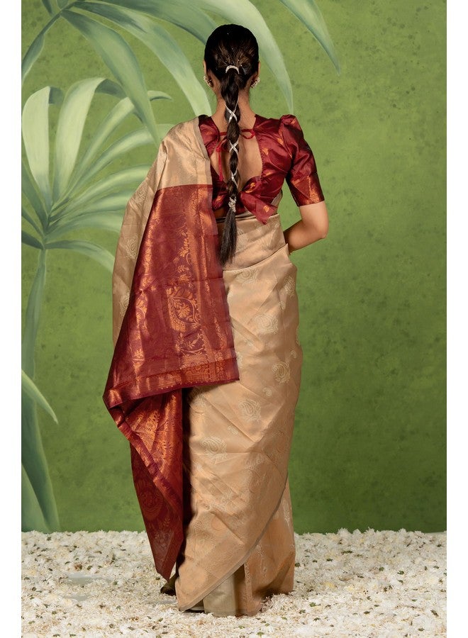 Subham Women's Silk Cotton Banarasi Soft Saree with Blouse Piece | Jacquard Design Kanjivaram Sarees | Golden Zari (46016 - Beige, Maroon, Copper) - Image 3