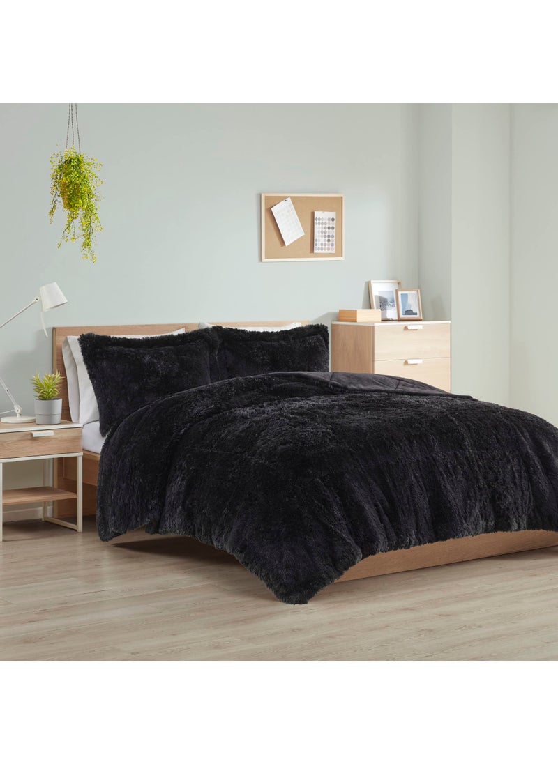 Intelligent Design Intelligent Design Malea Shaggy Comforter Set Long Faux Fur Cozy Down Alternative Modern Casual Ultra Soft All Season Fluffy Bedding with Matching Sham KingCal King Black 3 Piece 