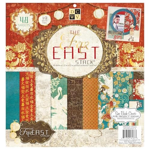 DCWV Premium Cardstock Paper 12x12, 48 Sheets of Scrapbook Paper for Crafts and Card Making, Single Sided Heavy Duty Cardstock with Glitter Accents - Far East - Image 1