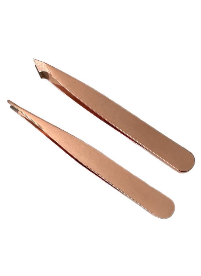 ALAZCO - 2Pc Compact Tweezers Set Multipurpose Mini Slanted & Pointed Tweezer Eyebrows Facial Hair Splinter Thorns Ingrown Hair Removal First Aid Kit Professional Stainless Steel Rose Gold - Image 1
