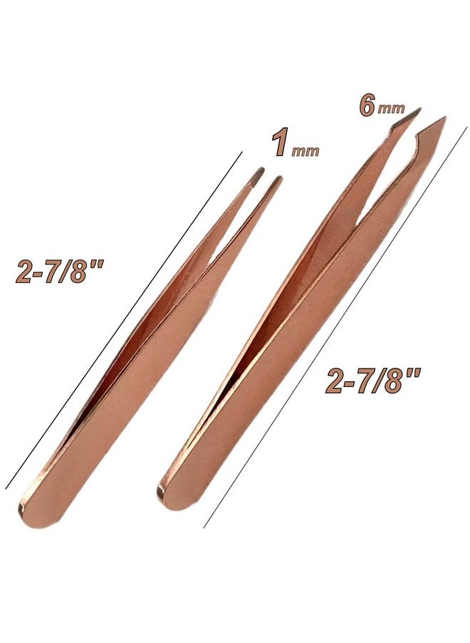 ALAZCO - 2Pc Compact Tweezers Set Multipurpose Mini Slanted & Pointed Tweezer Eyebrows Facial Hair Splinter Thorns Ingrown Hair Removal First Aid Kit Professional Stainless Steel Rose Gold - Image 1