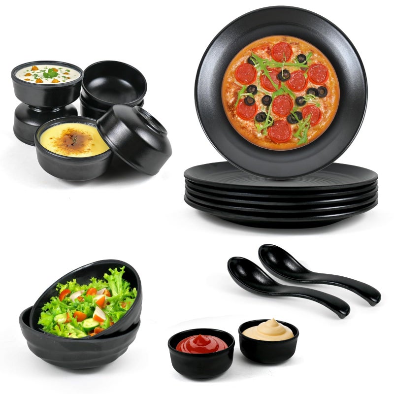 POOJARIYA Brand Melamine 18 pcs Black Dinner Set 6 Plates with 6 Bowls and 2 Dip Bowl, 2 Salad Bowl, 2 Chutney Bowl & 2 Spoon for Home & Restaurant, Dinner Set for Snacks and gifiting Purpose - Image 1