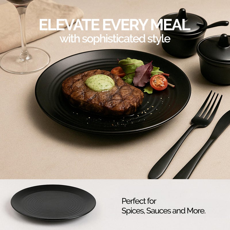 POOJARIYA Brand Melamine 18 pcs Black Dinner Set 6 Plates with 6 Bowls and 2 Dip Bowl, 2 Salad Bowl, 2 Chutney Bowl & 2 Spoon for Home & Restaurant, Dinner Set for Snacks and gifiting Purpose - Image 2