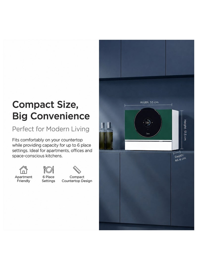 Midea 6 Place Setting Table-Top Dishwasher, Ultra-Real Touch Screen, Quickload Mode, Auto Open Drying, Mirror Finish, Scratch & Stain Resistant- WQP6-3609(GN)-G (Green) 6 L WQP6-3609(GN)-G green - Image 3