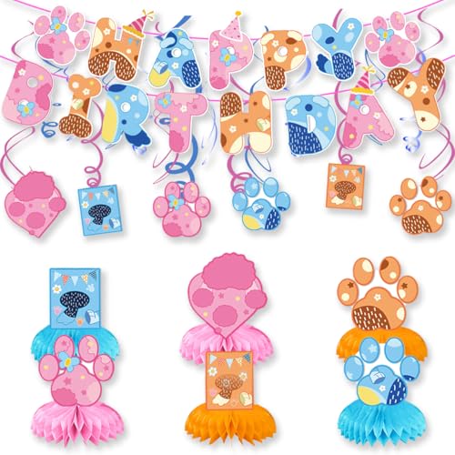 NF orange Blue and Pink Dog Birthday Party Supplies Cute Dog Party Decorations Banner 6 swirl6 Honeycomb Centerpieces - Image 1