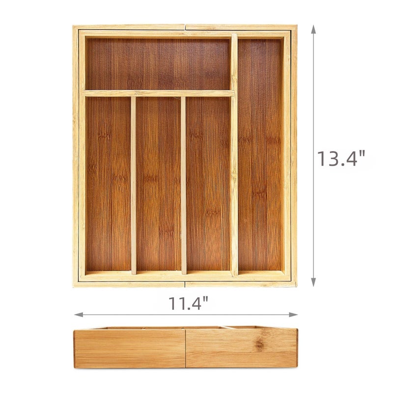 Klabelle Bamboo Drawer Organizer - Expandable Kitchen Utensil Holder, Adjustable Silverware Drawer Organization, Kitchen Wooden Tray for Cutlery, Flatware & Stationery, 5-7 Slots (Natural) - Image 5