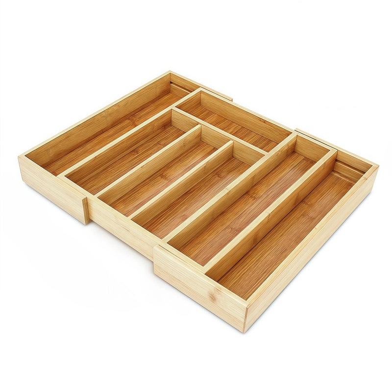 Klabelle Bamboo Drawer Organizer - Expandable Kitchen Utensil Holder, Adjustable Silverware Drawer Organization, Kitchen Wooden Tray for Cutlery, Flatware & Stationery, 5-7 Slots (Natural) - Image 1