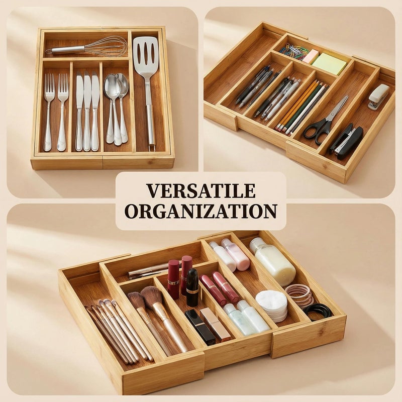 Klabelle Bamboo Drawer Organizer - Expandable Kitchen Utensil Holder, Adjustable Silverware Drawer Organization, Kitchen Wooden Tray for Cutlery, Flatware & Stationery, 5-7 Slots (Natural) - Image 3