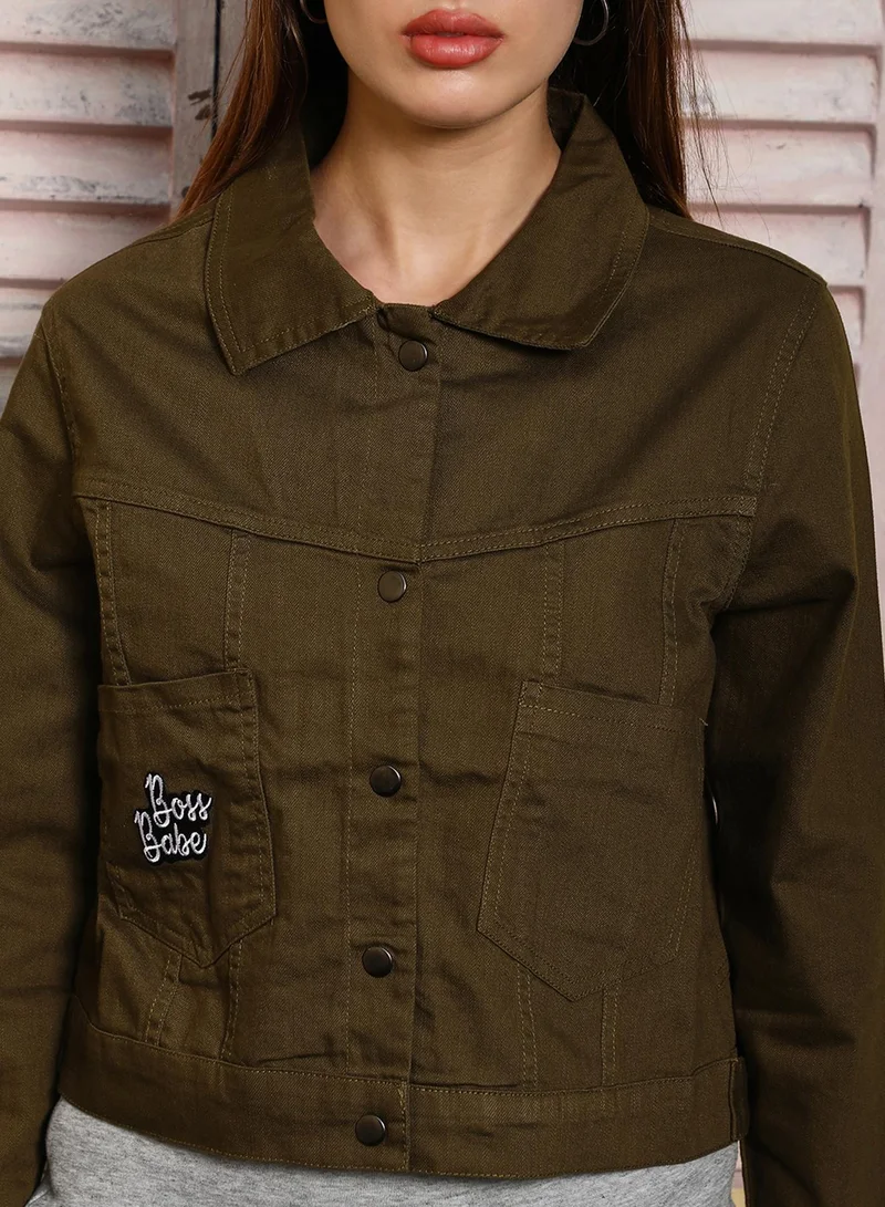 Pinacolada  Women's Army Green Cropped Denim Jacket for Women | Best Price UAE