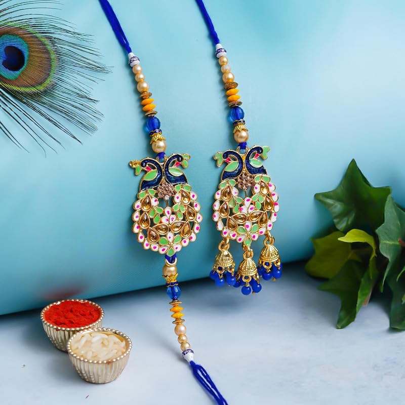 Ingo creation Royal Bhaiya Bhabhi Rakhi Set with Enamelled Peacock Design, Kundan Work & Jhumka Danglers – A Majestic Festive Offering - Image 2