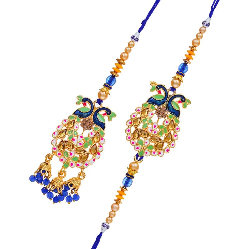 Ingo creation Royal Bhaiya Bhabhi Rakhi Set with Enamelled Peacock Design, Kundan Work & Jhumka Danglers – A Majestic Festive Offering - Image 1
