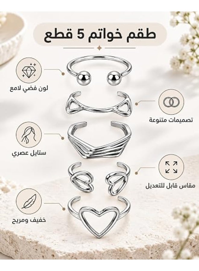 First Choice 5-Piece Silver Aesthetic Ring Set for Women & Girls, Adjustable Open Knuckle Rings, Trendy Stackable Finger Jewelry for Daily Wear & Parties - Image 5