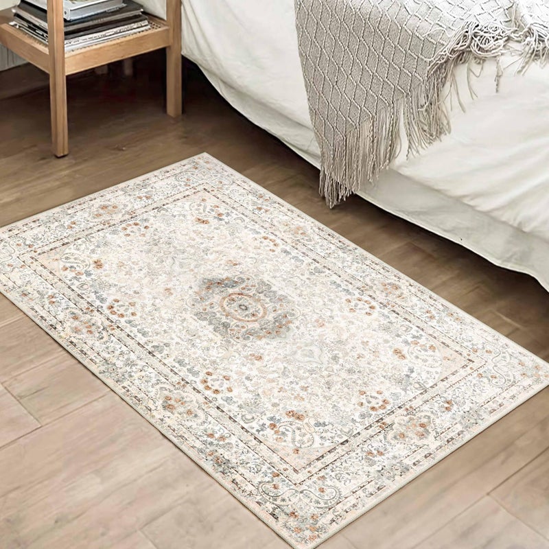 Castage Small Rugs 2x3 Boho Rug for Entryway Bathroom Bedroom Kitchen Entrance Doormat Vintage Bohemian Distressed Washable Accent Floor Throw Carpet Non Slip Beige - Image 3