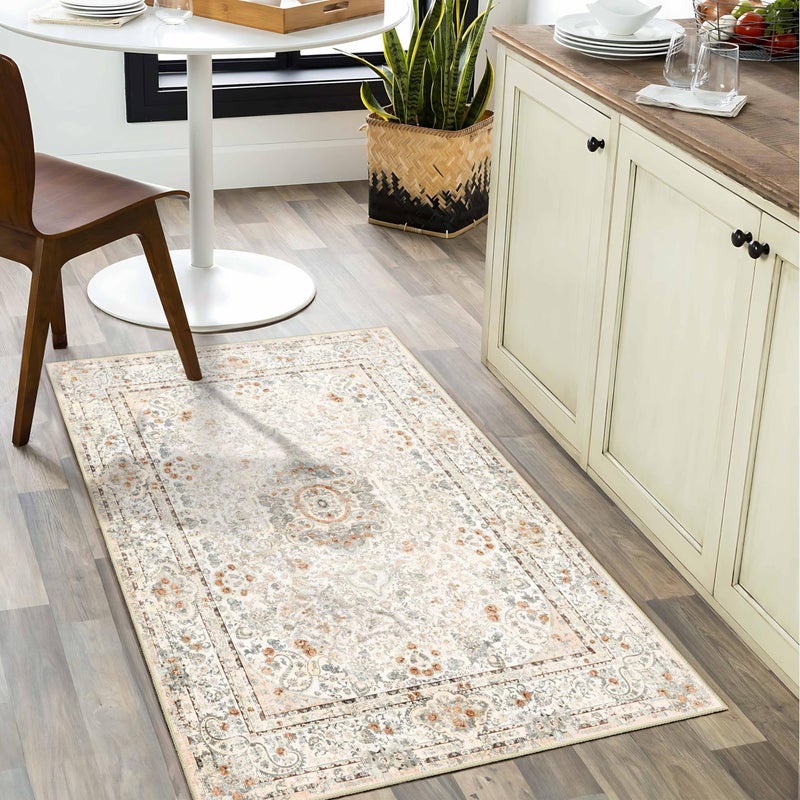 Castage Small Rugs 2x3 Boho Rug for Entryway Bathroom Bedroom Kitchen Entrance Doormat Vintage Bohemian Distressed Washable Accent Floor Throw Carpet Non Slip Beige - Image 1