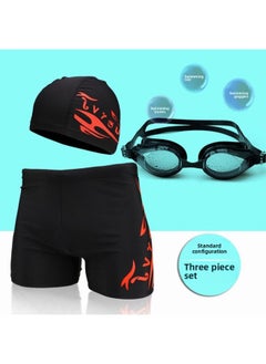 Men's Swimming Trunks And Swimming Cap Set Learning Swimming Equipment Quick-Drying Boxer Hot Spring Large Size Flame Five-Point Swimming Trunks-Color:8701 Red Label Three-piece Set-l (recommended Weight 30-45kg )