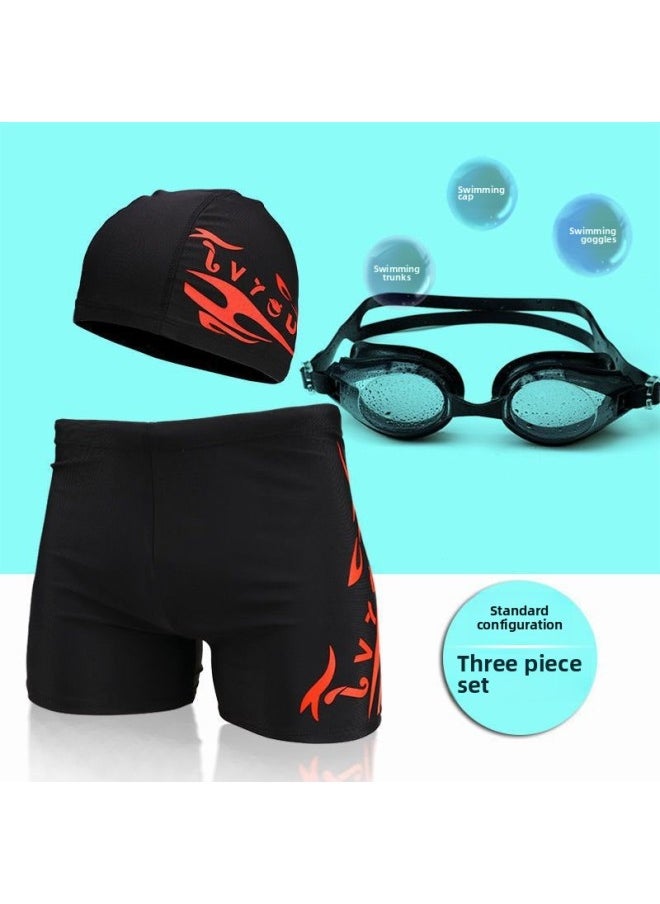 Generic - Men's Swimming Trunks And Swimming Cap Set Learning Swimming Equipment Quick-Drying Boxer Hot Spring Large Size Flame Five-Point Swimming Trunks-Color:8701 Red Label Three-piece Set-l (recommended Weight 30-45kg ) - Image 1