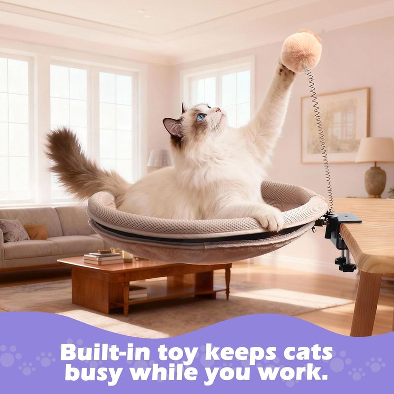 RASSR Cat Desk Bed with Teaser Wand, Under Desk Cats Bed Platform with Sturdy Clamp, Space-Saving Cat Perch Mounts Underneath Desk for Large Cats(Khaki) - Image 5