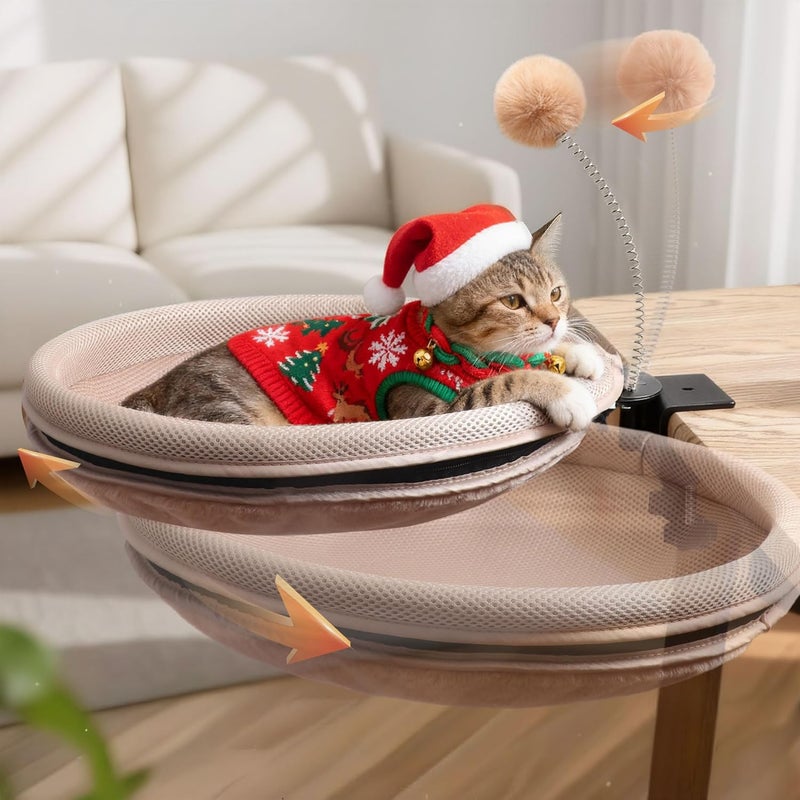 RASSR Cat Desk Bed with Teaser Wand, Under Desk Cats Bed Platform with Sturdy Clamp, Space-Saving Cat Perch Mounts Underneath Desk for Large Cats(Khaki) - Image 3