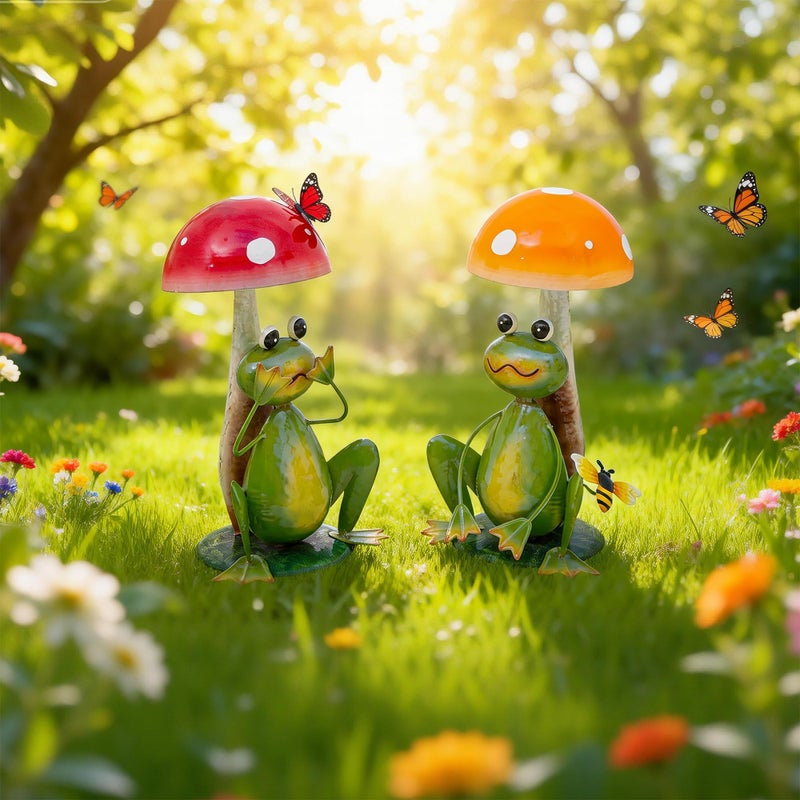 Ultym 15.3" Large Frog Decor Set of 2, Handcrafted 3D Lifelike Metal Frog with Mushroom Sculpture, Outdoor Yard Art for Garden, Lawn & Home, Ideal Gift for Mom, Women on Motherâ€™s Day & Housewarming - Image 1