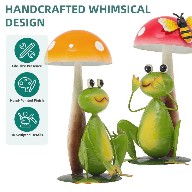 Ultym 15.3" Large Frog Decor Set of 2, Handcrafted 3D Lifelike Metal Frog with Mushroom Sculpture, Outdoor Yard Art for Garden, Lawn & Home, Ideal Gift for Mom, Women on Motherâ€™s Day & Housewarming - Image 3