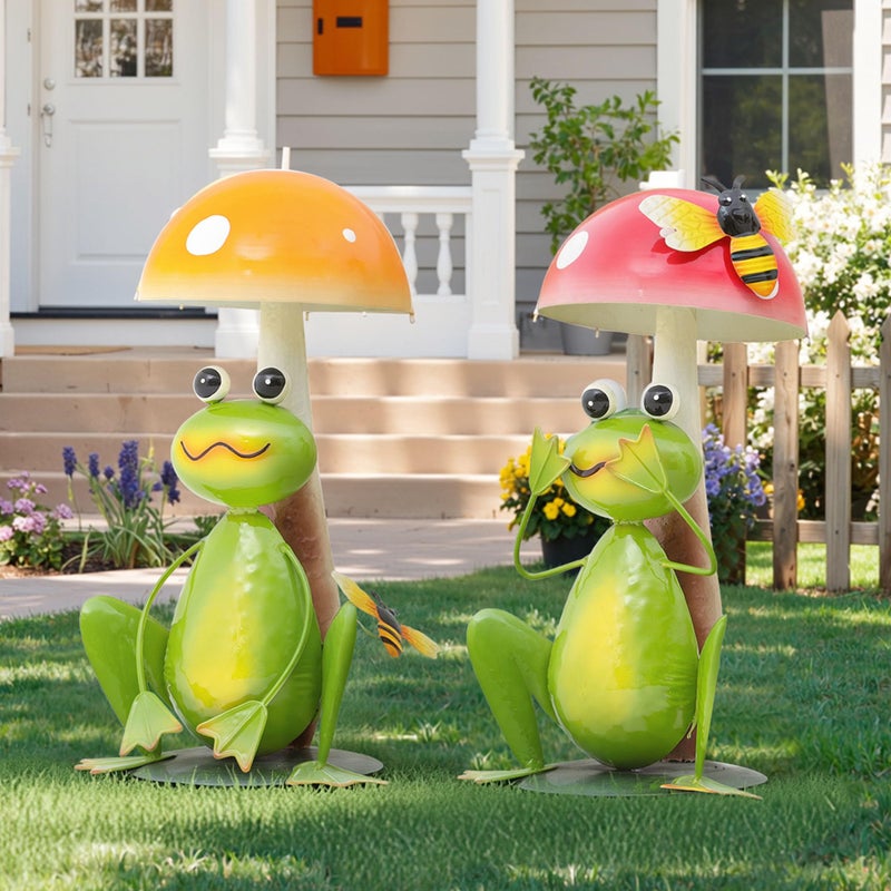 Ultym 15.3" Large Frog Decor Set of 2, Handcrafted 3D Lifelike Metal Frog with Mushroom Sculpture, Outdoor Yard Art for Garden, Lawn & Home, Ideal Gift for Mom, Women on Motherâ€™s Day & Housewarming - Image 4
