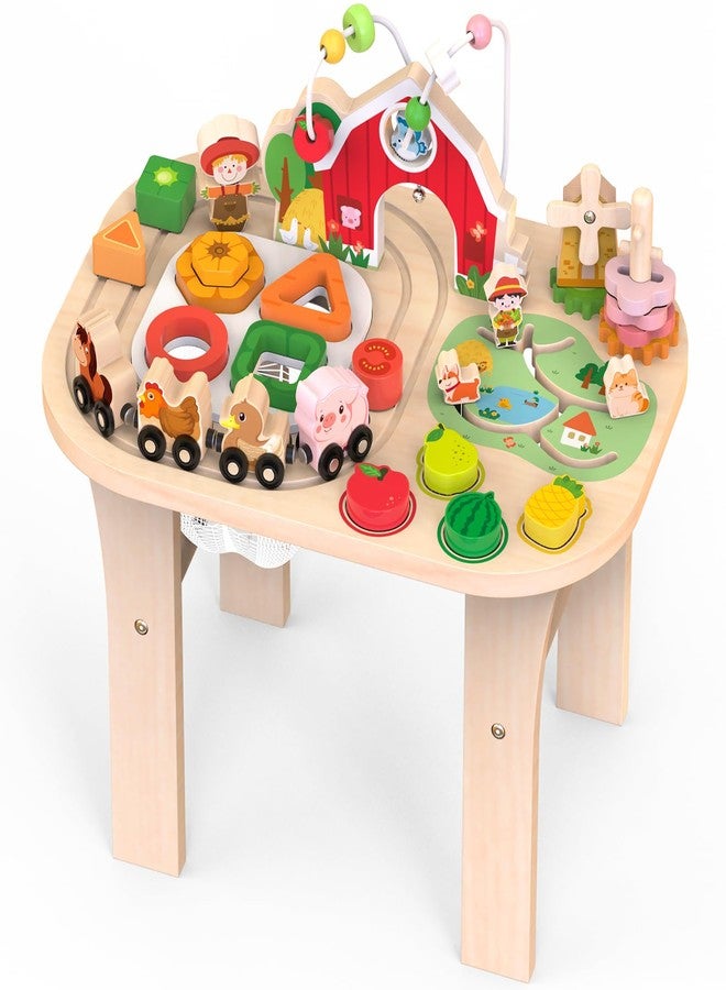 Weilim Activity Table for 1 Year Old, Baby Wooden Sensory Table with Bead Maze Shape Sorter Train Track for Toddler, Farm Montessori Toy Activity Center Educational Learning Toys for Kids 12+ Months - Image 1