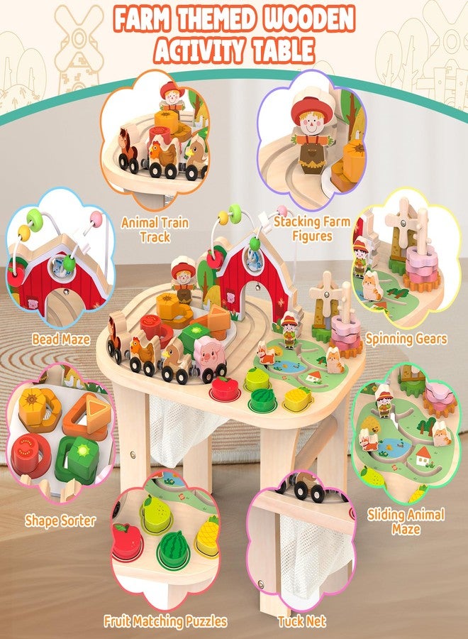 Weilim Activity Table for 1 Year Old, Baby Wooden Sensory Table with Bead Maze Shape Sorter Train Track for Toddler, Farm Montessori Toy Activity Center Educational Learning Toys for Kids 12+ Months - Image 2