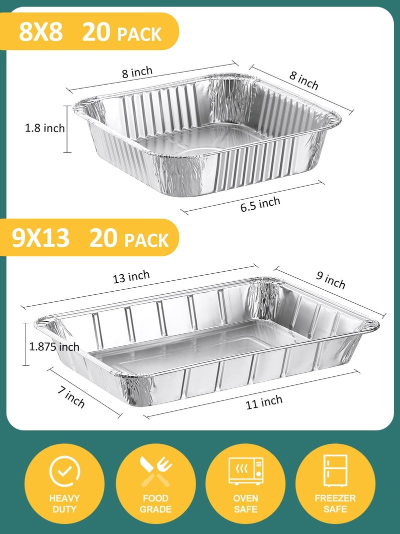 NEEBAKE 40 Pack Disposable Aluminum Pans Combo Set - 20 Large 9x13 Aluminum Foil Pans Half Size & 20 Small 8x8 Tin Foil Baking Pans, Tin Trays Containers for Meal Prep, Food Cooking, Roasting, Heating - Image 2